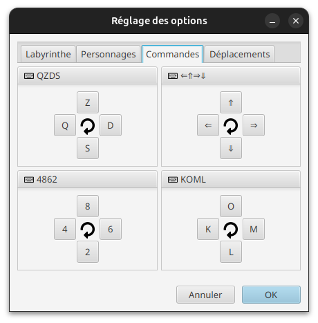 Fenêtre des options : commandes