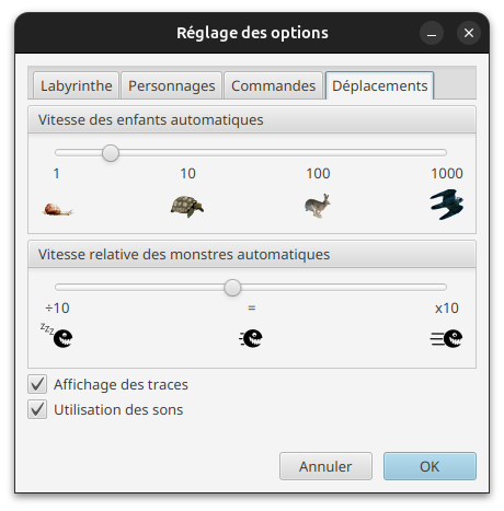 Fenêtre des options : deplacements