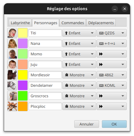 Fenêtre des options : personnages